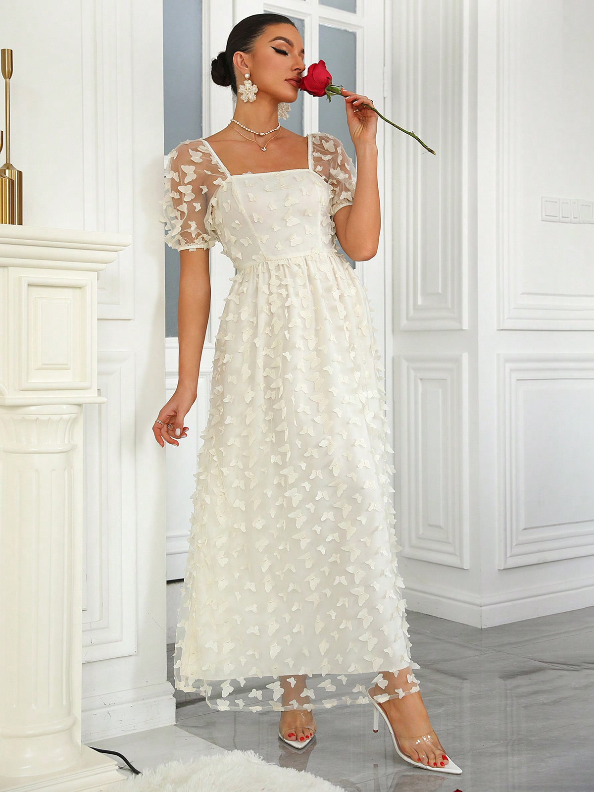 Bubbled Sleeve Butterfly Mesh Bridesmaid Dress