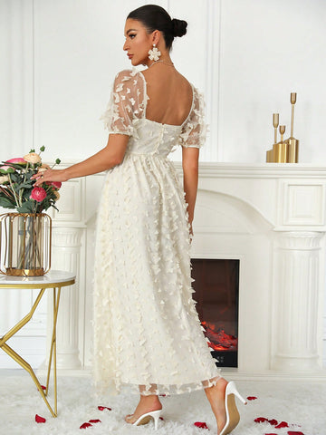 Bubbled Sleeve Butterfly Mesh Bridesmaid Dress