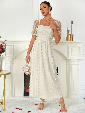 Bubbled Sleeve Butterfly Mesh Bridesmaid Dress