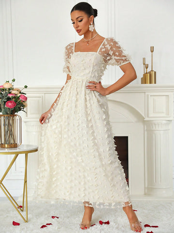 Bubbled Sleeve Butterfly Mesh Bridesmaid Dress