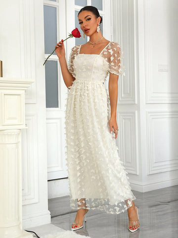 Bubbled Sleeve Butterfly Mesh Bridesmaid Dress