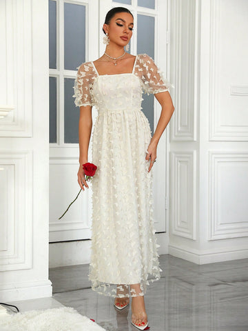 Bubbled Sleeve Butterfly Mesh Bridesmaid Dress