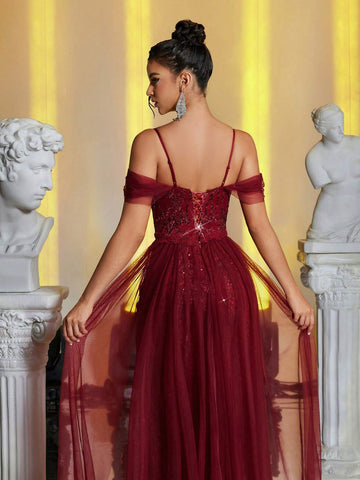 Burgundy Red Elegant Luxurious Wine Red Off-Shoulder Sleeve Embroidered Sequin Lace Mixed Mesh Fishtail Maxi Dress, Suitable For Wedding, Birthday Party, Vacation, Ball And Formal Occasions (Heavy-Duty Style)