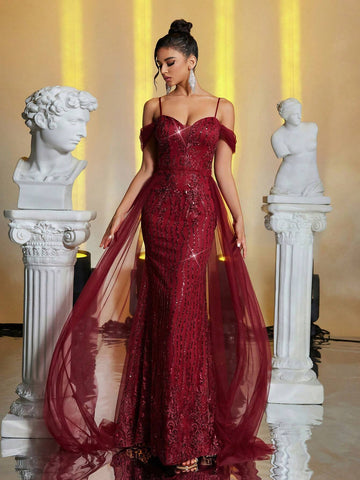 Burgundy Red Elegant Luxurious Wine Red Off-Shoulder Sleeve Embroidered Sequin Lace Mixed Mesh Fishtail Maxi Dress, Suitable For Wedding, Birthday Party, Vacation, Ball And Formal Occasions (Heavy-Duty Style)