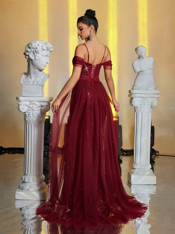 Burgundy Red Elegant Luxurious Wine Red Off-Shoulder Sleeve Embroidered Sequin Lace Mixed Mesh Fishtail Maxi Dress, Suitable For Wedding, Birthday Party, Vacation, Ball And Formal Occasions (Heavy-Duty Style)