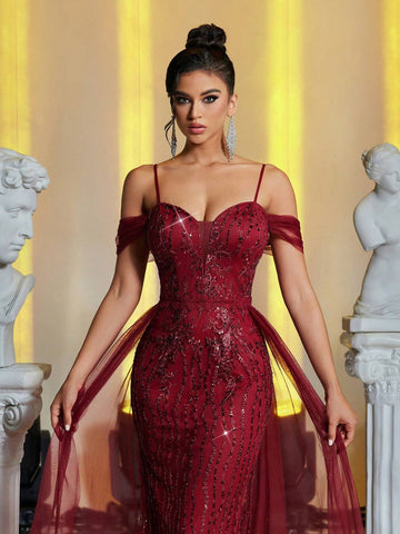 Burgundy Red Elegant Luxurious Wine Red Off-Shoulder Sleeve Embroidered Sequin Lace Mixed Mesh Fishtail Maxi Dress, Suitable For Wedding, Birthday Party, Vacation, Ball And Formal Occasions (Heavy-Duty Style)