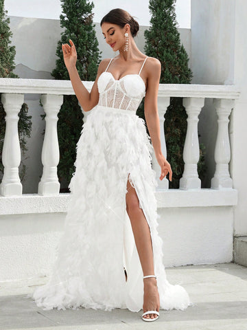 Bustier, Boning, High Slit, Extra-Large Train Skirt, Beaded Fringe Detail On Custom Fabric, Adjustable Back Tie, Wedding Style Strappy Dress