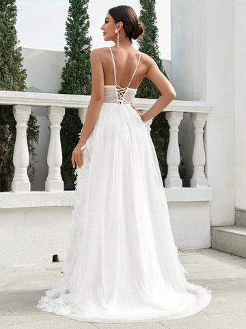 Bustier, Boning, High Slit, Extra-Large Train Skirt, Beaded Fringe Detail On Custom Fabric, Adjustable Back Tie, Wedding Style Strappy Dress