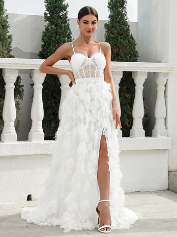 Bustier, Boning, High Slit, Extra-Large Train Skirt, Beaded Fringe Detail On Custom Fabric, Adjustable Back Tie, Wedding Style Strappy Dress