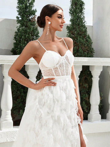 Bustier, Boning, High Slit, Extra-Large Train Skirt, Beaded Fringe Detail On Custom Fabric, Adjustable Back Tie, Wedding Style Strappy Dress