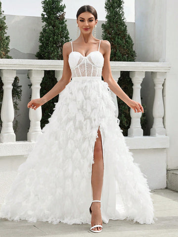 Bustier, Boning, High Slit, Extra-Large Train Skirt, Beaded Fringe Detail On Custom Fabric, Adjustable Back Tie, Wedding Style Strappy Dress