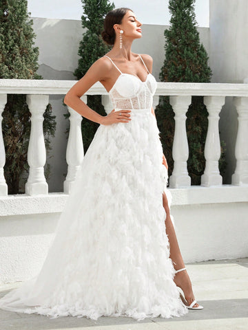 Bustier, Boning, High Slit, Extra-Large Train Skirt, Beaded Fringe Detail On Custom Fabric, Adjustable Back Tie, Wedding Style Strappy Dress