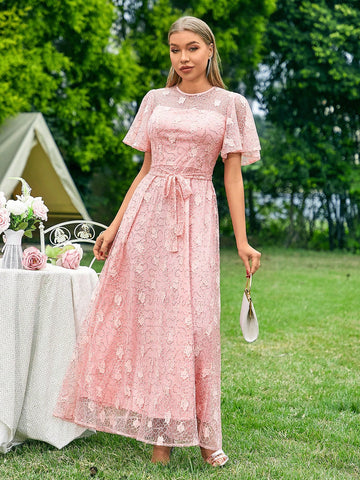 Butterfly Embellished Mesh Short Sleeve Round Neck Bridesmaid Maxi Dress