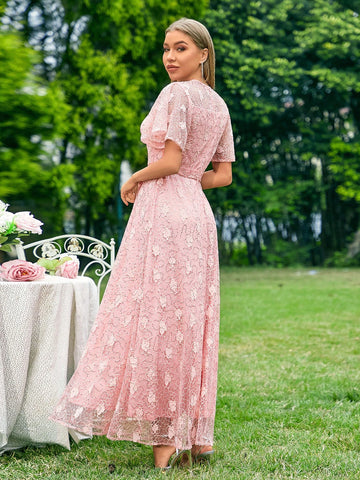 Butterfly Embellished Mesh Short Sleeve Round Neck Bridesmaid Maxi Dress