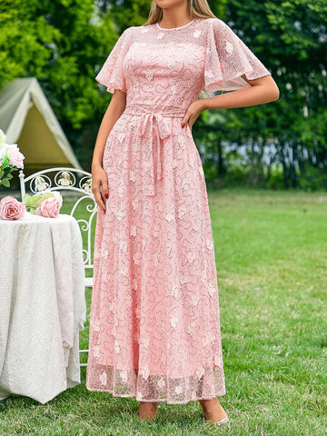 Butterfly Embellished Mesh Short Sleeve Round Neck Bridesmaid Maxi Dress