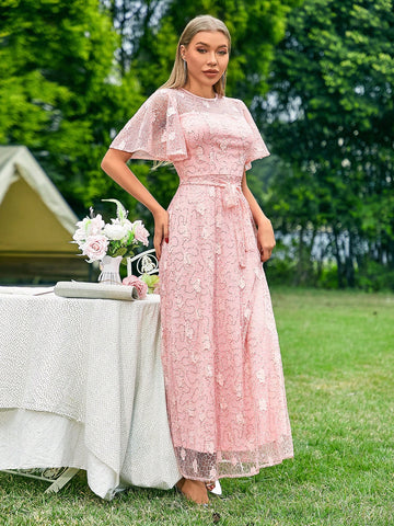 Butterfly Embellished Mesh Short Sleeve Round Neck Bridesmaid Maxi Dress