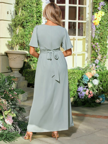 Butterfly Sleeve Crisscross Tie Back Split Thigh Bridesmaid Dress