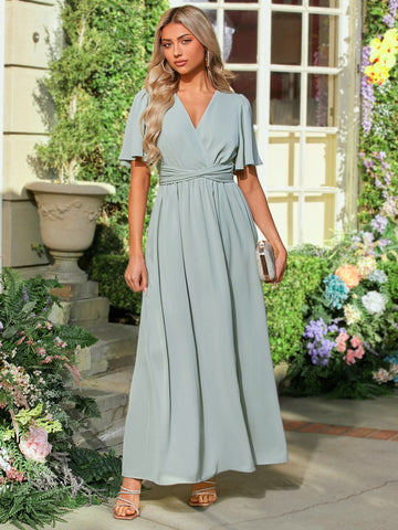Butterfly Sleeve Crisscross Tie Back Split Thigh Bridesmaid Dress