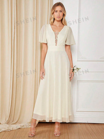 Butterfly Sleeve Mesh Overlay Bridesmaid Dre