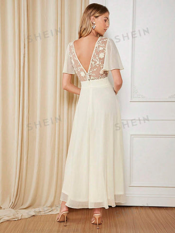 Butterfly Sleeve Mesh Overlay Bridesmaid Dre