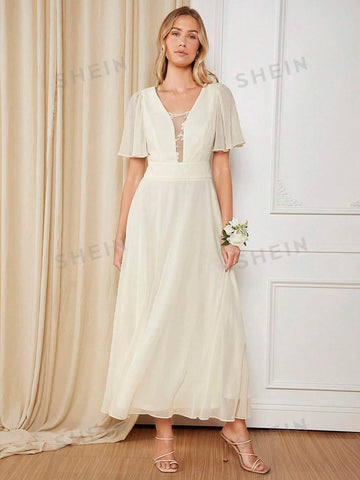 Butterfly Sleeve Mesh Overlay Bridesmaid Dre