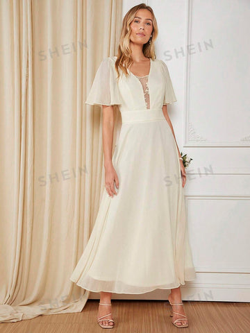 Butterfly Sleeve Mesh Overlay Bridesmaid Dre