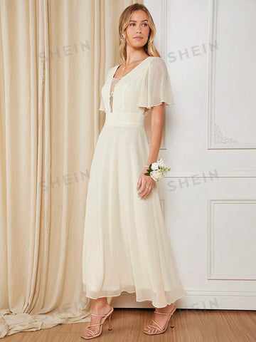 Butterfly Sleeve Mesh Overlay Bridesmaid Dre