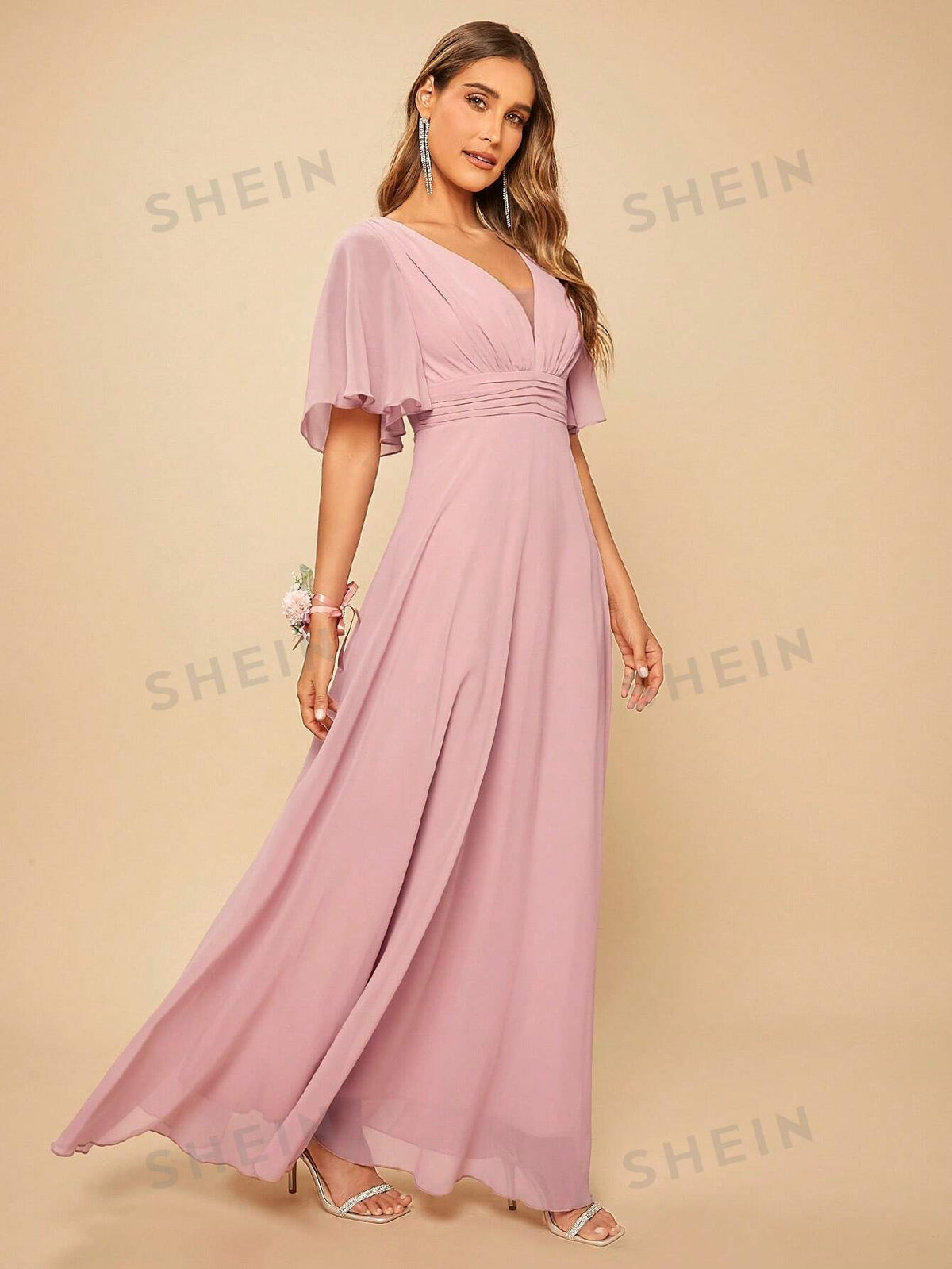 Butterfly Sleeve Ruched Front Bridesmaid Dress