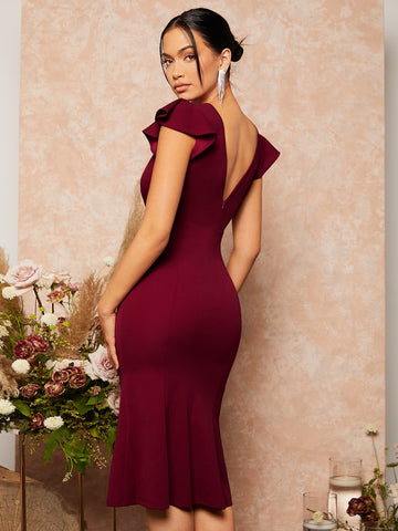 Butterfly Sleeve Ruched Mermaid Hem Bridesmaid Dress