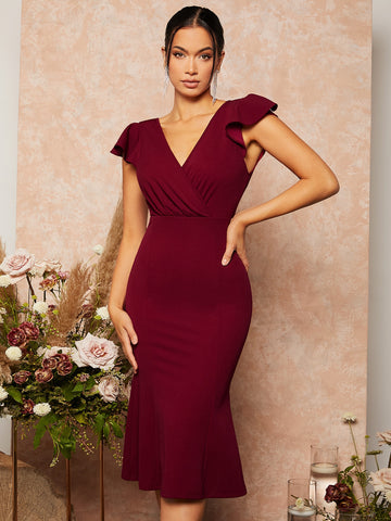 Butterfly Sleeve Ruched Mermaid Hem Bridesmaid Dress