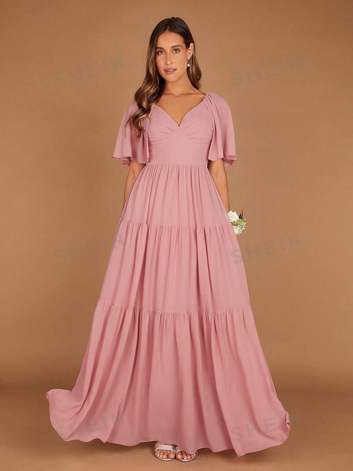Butterfly Sleeve Ruffle Hem Maxi Bridesmaid Dress