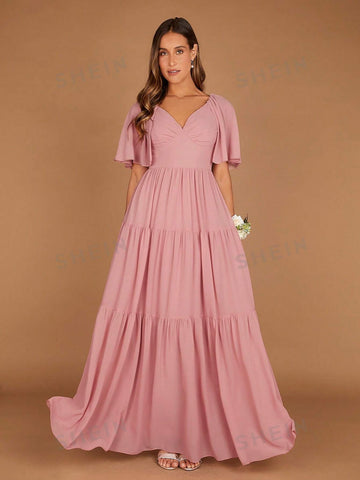 Butterfly Sleeve Ruffle Hem Maxi Bridesmaid Dress