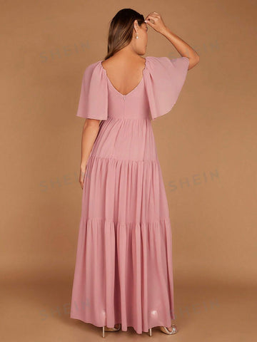 Butterfly Sleeve Ruffle Hem Maxi Bridesmaid Dress