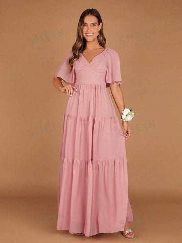 Butterfly Sleeve Ruffle Hem Maxi Bridesmaid Dress