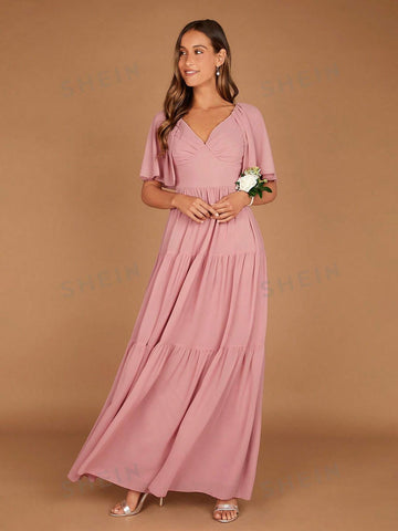 Butterfly Sleeve Ruffle Hem Maxi Bridesmaid Dress