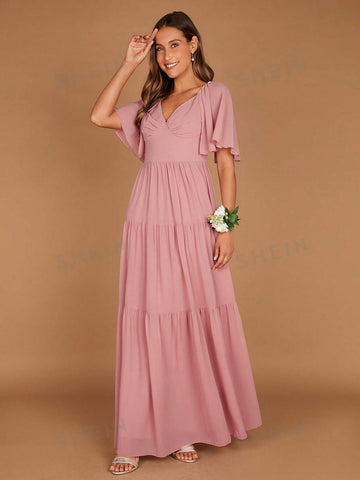 Butterfly Sleeve Ruffle Hem Maxi Bridesmaid Dress