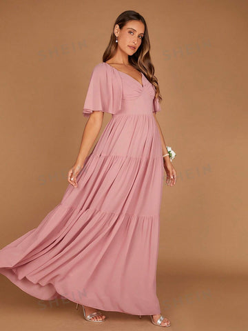 Butterfly Sleeve Ruffle Hem Maxi Bridesmaid Dress