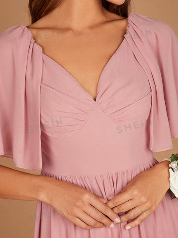 Butterfly Sleeve Ruffle Hem Maxi Bridesmaid Dress