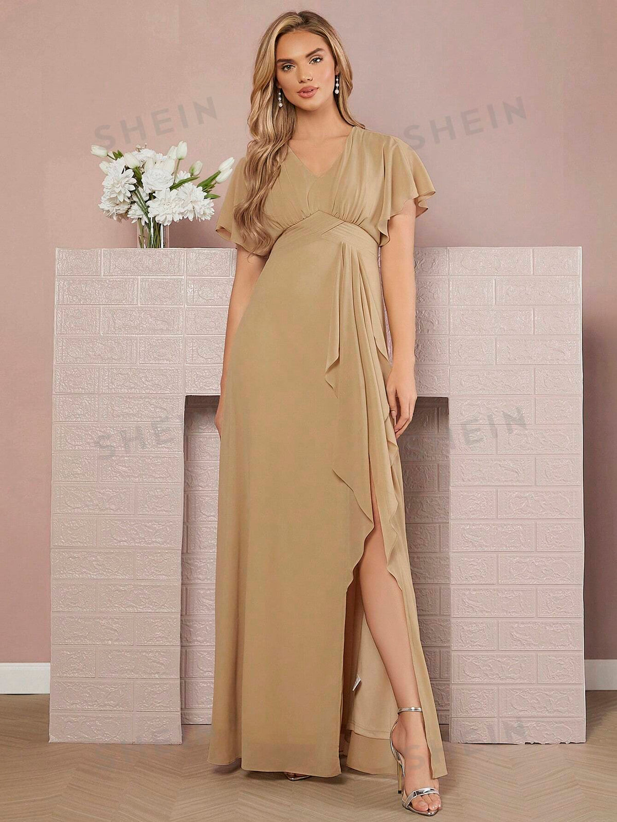 Butterfly Sleeve Ruffle Trim Split Thigh Bridesmaid Dress