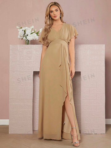 Butterfly Sleeve Ruffle Trim Split Thigh Bridesmaid Dress