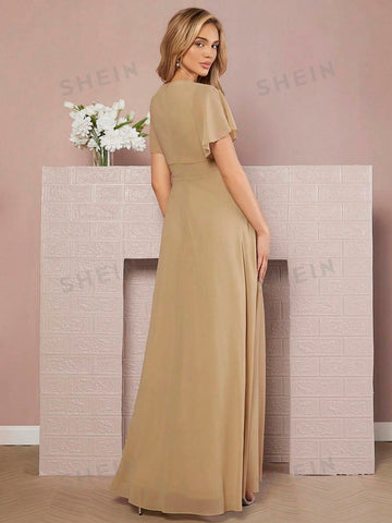 Butterfly Sleeve Ruffle Trim Split Thigh Bridesmaid Dress