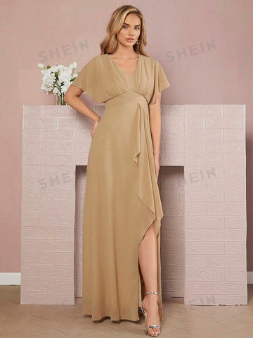 Butterfly Sleeve Ruffle Trim Split Thigh Bridesmaid Dress