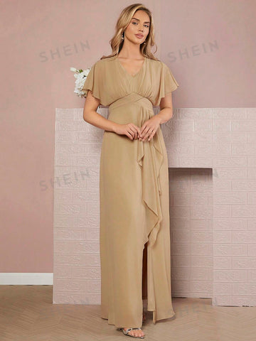 Butterfly Sleeve Ruffle Trim Split Thigh Bridesmaid Dress