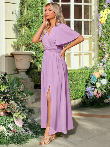 Butterfly Sleeve Split Thigh Bridesmaid Dress