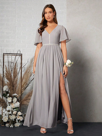 Belle Butterfly Sleeve Split Thigh Chiffon Bridesmaid Dress.
