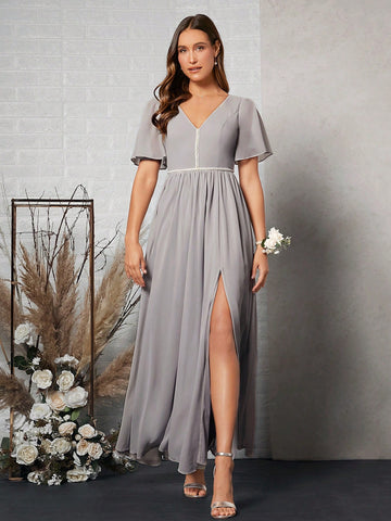 Belle Butterfly Sleeve Split Thigh Chiffon Bridesmaid Dress.