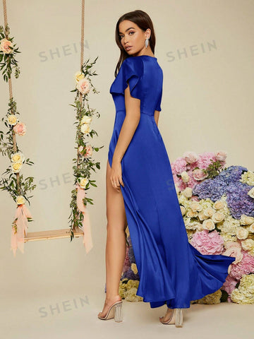 Butterfly Sleeve Wrap Hem Satin Bridesmaid Dress