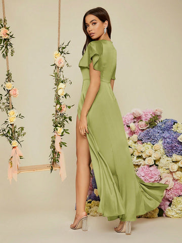 Butterfly Sleeve Wrap Hem Satin Bridesmaid Dress