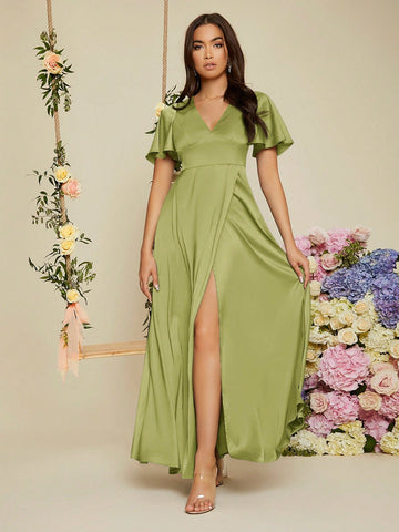 Butterfly Sleeve Wrap Hem Satin Bridesmaid Dress