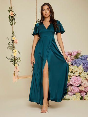 Butterfly Sleeve Wrap Hem Satin Bridesmaid Dress